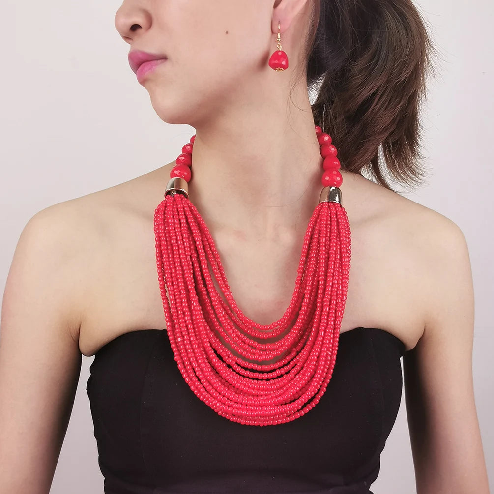 Fashion Bohemian Multilayer Seed Beads Statement Jewelry Set Tassels Necklace Beaded Small Drop Earrings Handmade Accessories