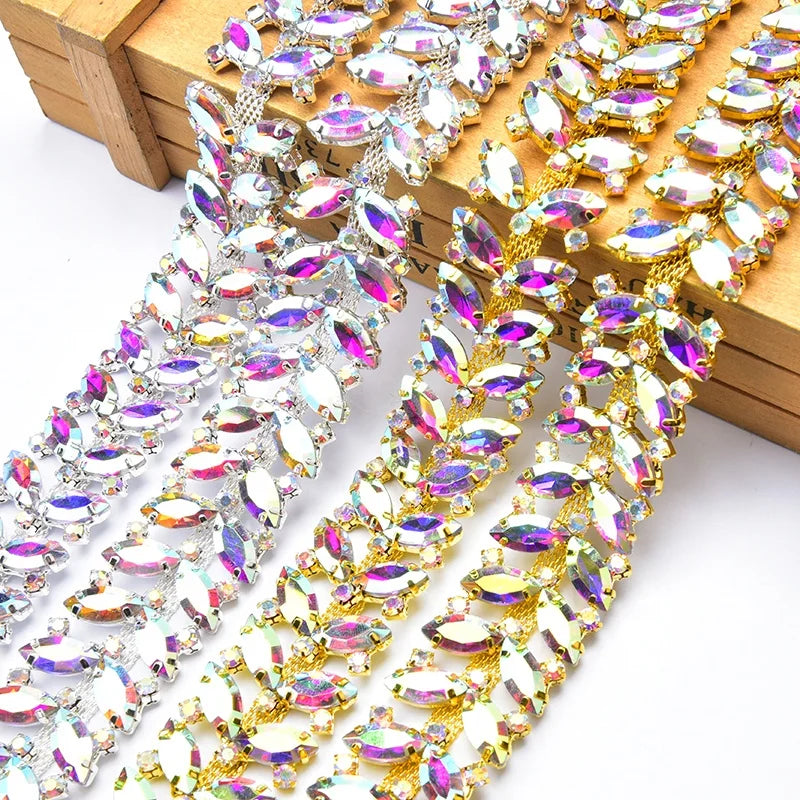 Leaf Rhinestone Chain Bling AB Color Diamante Belt Trim Metal Strass Applique Ribbon Decorative Clothing Shoes Accessories