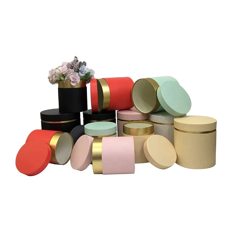 Set of Three Round Flower Embracing Bucket Gift Box with Gold Rim Made of Cardboard Features Matt Lamination