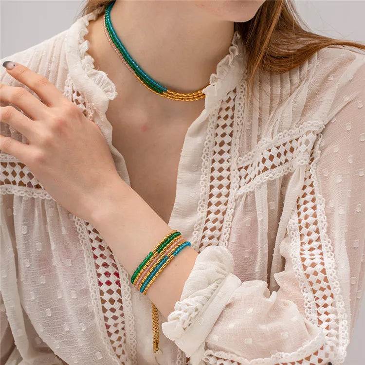 SP Summer Jewelry Necklace 18K Gold Waterproof Stainless Steel Colorful Crystal Beaded Design Necklace for Women