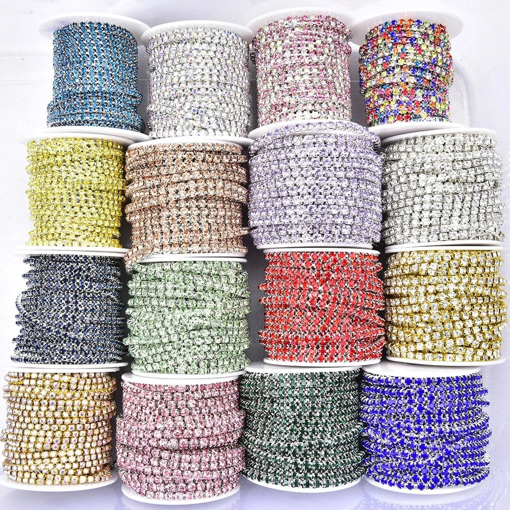 10 Meters/Roll 2.5/3/4mm Silver/Gold Base Claw Crystal Trim Dense Rhinestone Cup Chain for Shoes Clothes Bags Accessories