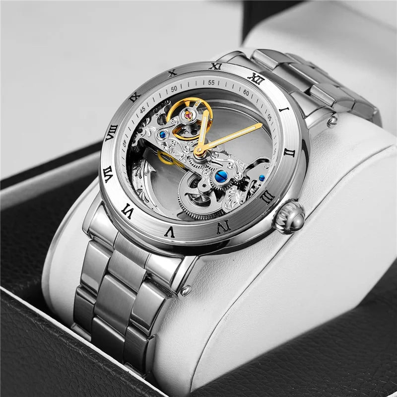 FORSINING S1003 Double Side Cool Transparent Automatic Men Watch Top Brand Luxury Skeleton Black Steel Men Wristwatch Relogio