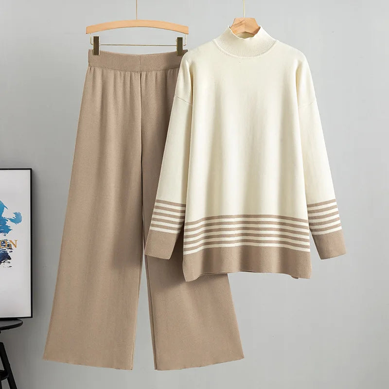Spring and Autumn Striped Clashing Knit Set Casual Loose Knit Pullover and Wide Leg Pants Set Knitted Two Piece Set for Women