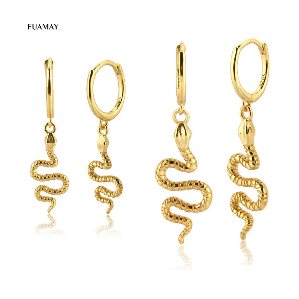 FUAMAY 925 Silver Snake Hoop Earrings Personalized Classic Animal Drop Earrings Gold Plating Zircon Main Stone for Women's Gift