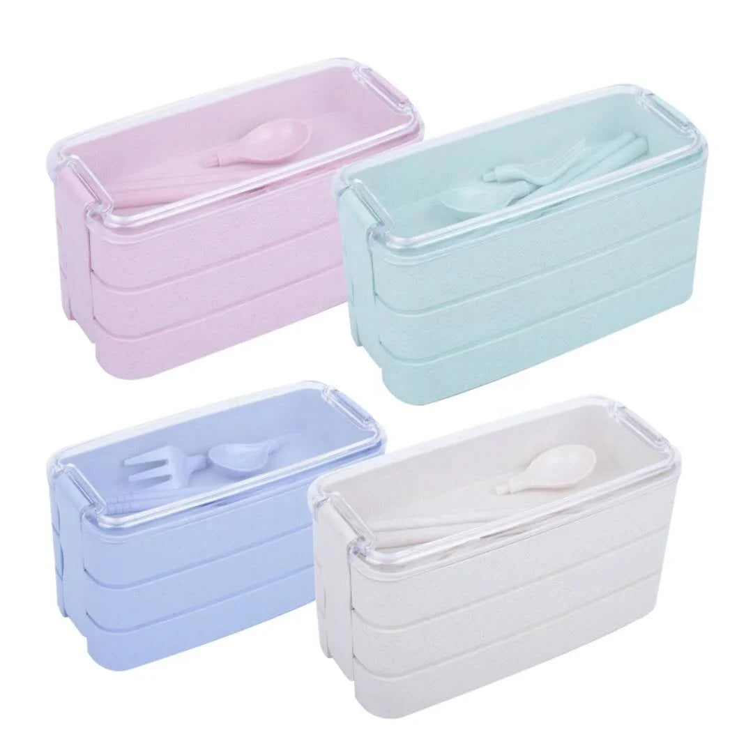 Creative Portable Wheat Straw Lunch Box Set Simple Student Lunch Box with Chopsticks Fork Spoon