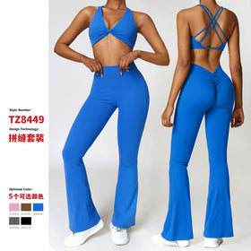 w Omen's Tight Yoga Wide Leg Set Cross Strap Fitness Sports Bra and Wide Leg Pants Padded Yoga Bra Tops and Pants Set