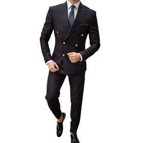 Black Suits for Men Fashion Peaked Lapel Double Breasted Male Blazer Smart Casual Formal Wedding Tuxedo Slim 2 Piece Set