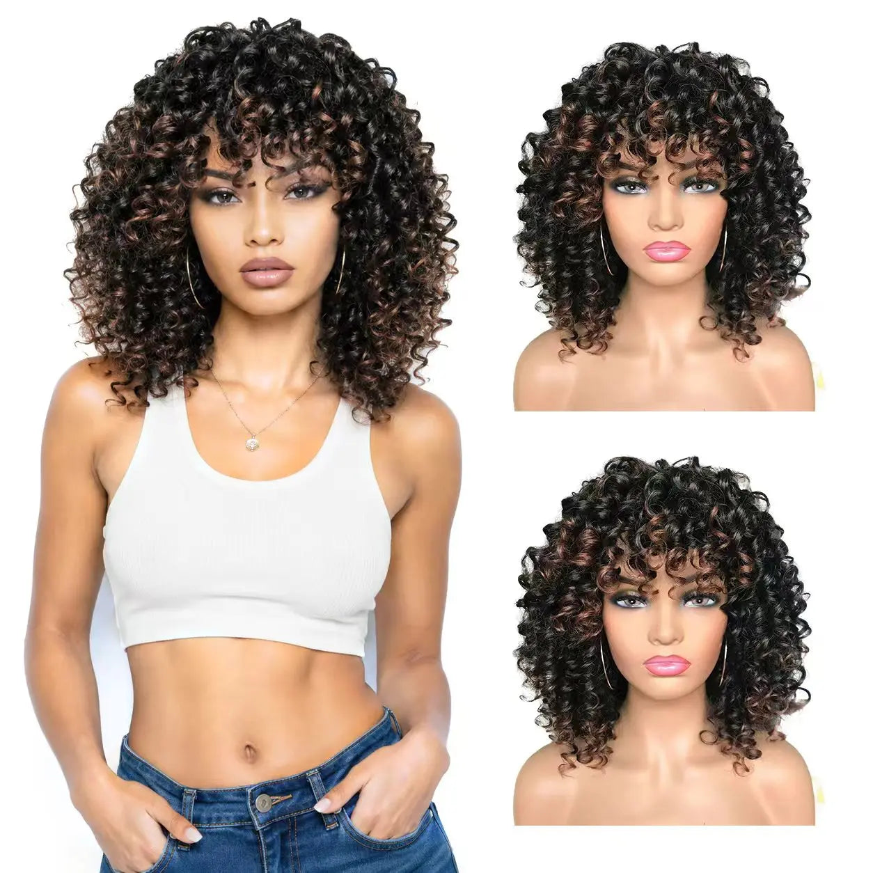 FUJIA Afro Curly Wigs Black with Warm Brown Highlights Wigs with Bangs for Black Women Natural Looking for Daily Wear (Ombre