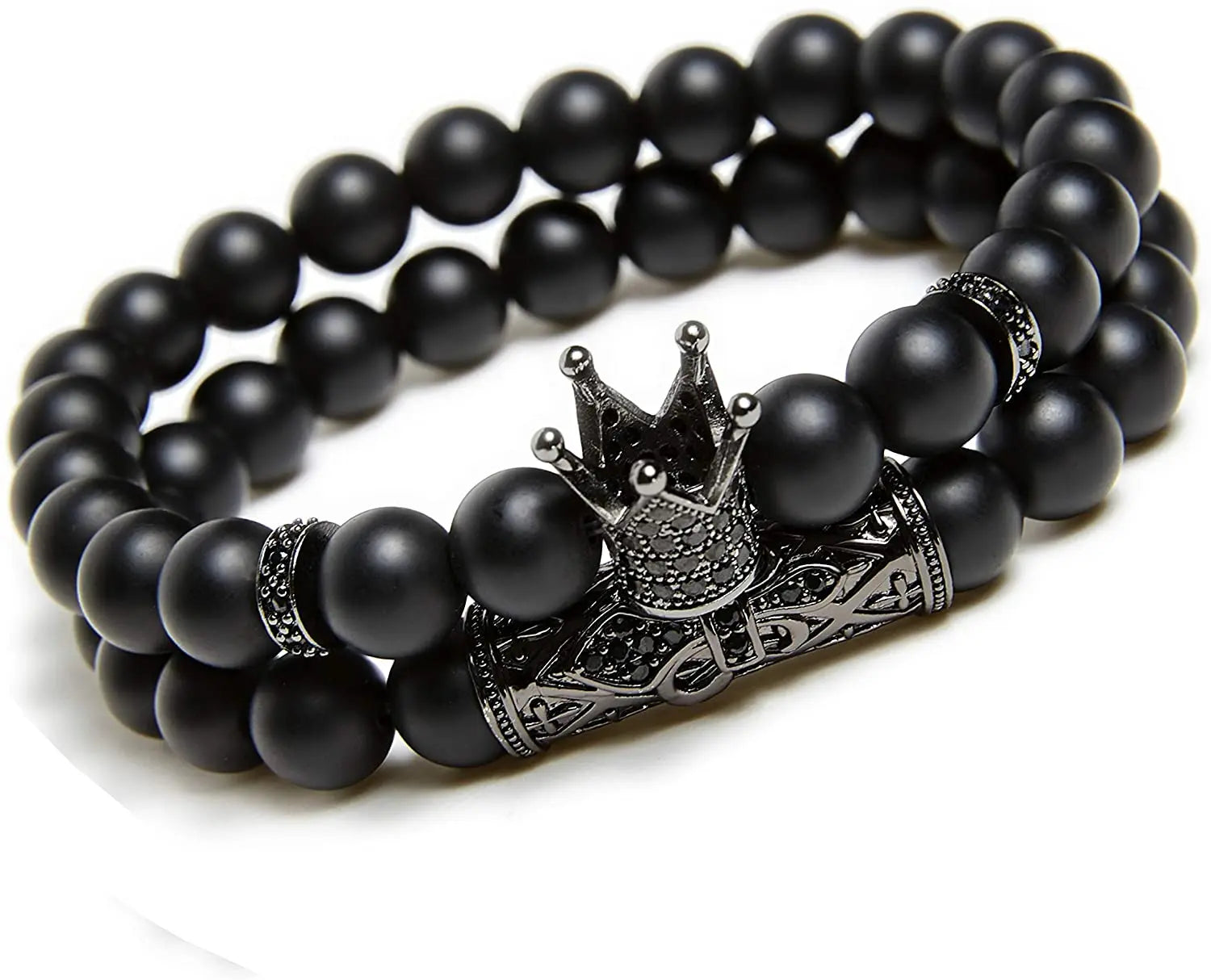 Black Matte 8mm Natural Stone Beads Bracelets Set Onyx Charm King Crown Trendy Party Anniversary Gift for Unisex Women Men