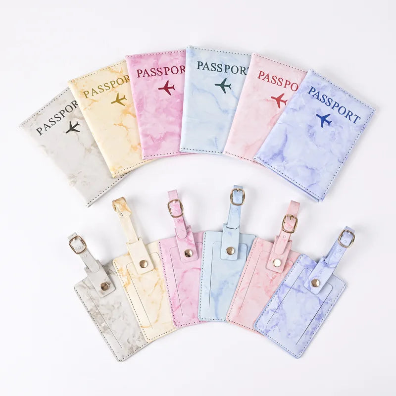 2025 Hot Sale Travel Passport Holder Luggage Tag Sets Fashion Marble Pattern PU Leather Passport Holder Cover and Luggage Tags