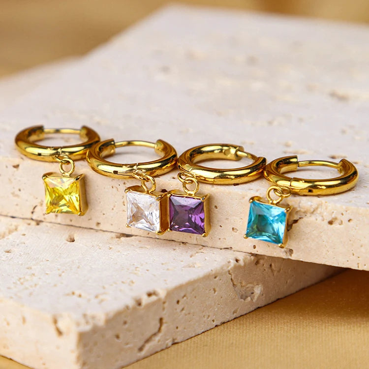 Chris April 316L Stainless Steel PVD Gold Plated Multiple Colors Zirconia Cut Charm Crystal Hoops Earrings