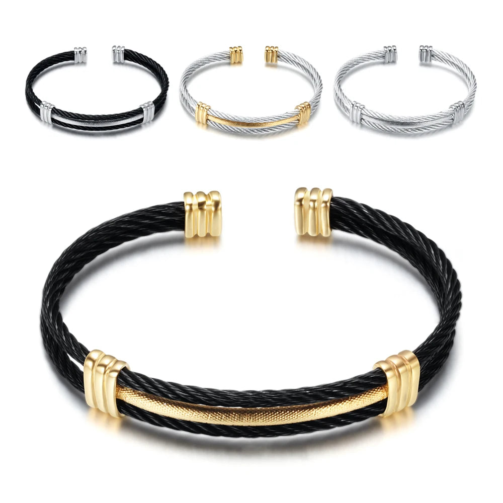 Factory Direct Sale Women's Adjustable Cuff Bracelet 316L Stainless Steel Open Multi-Layer Cable Wire Fashion Cuff Bracelets