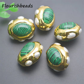 Fashion Design 18K Gold Plated Oval Shape Natural Pearl Synthetic Malachite Beads for DIY Jewelry Bracelet Necklace Making
