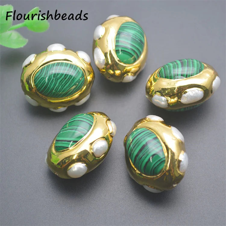 Fashion Design 18K Gold Plated Oval Shape Natural Pearl Synthetic Malachite Beads for DIY Jewelry Bracelet Necklace Making