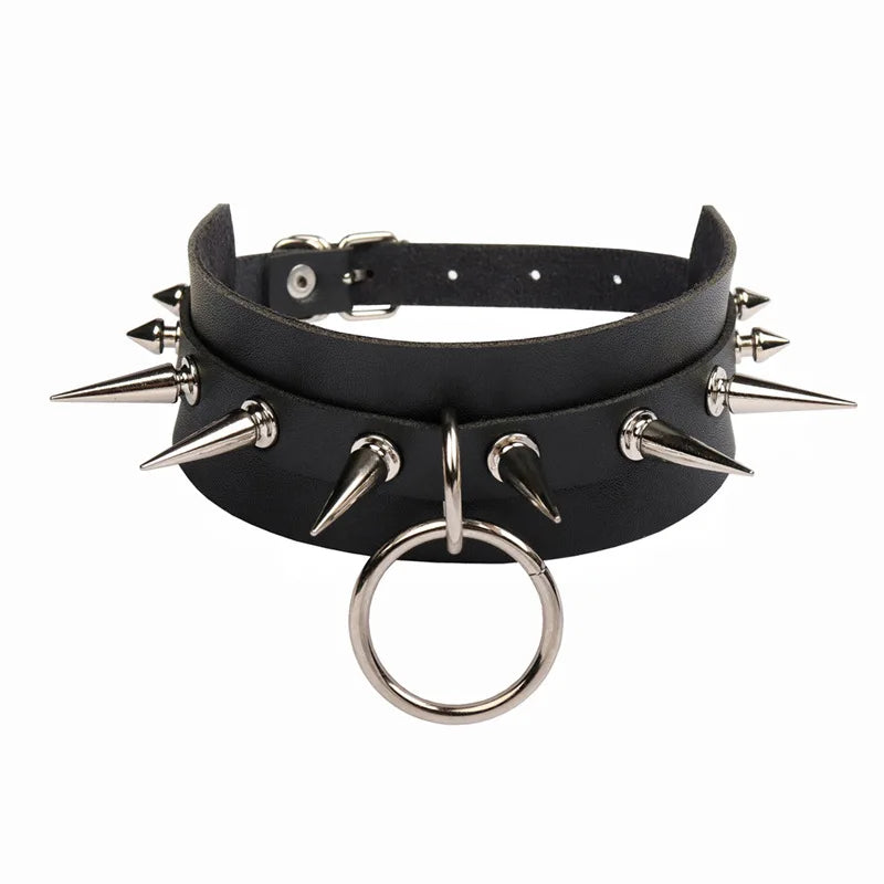 Fashion Black Heavy Punk Rock Gothic Statement Wide Big O-Round PU Leather Harajuku Rivet Choker Collar Necklace for Women