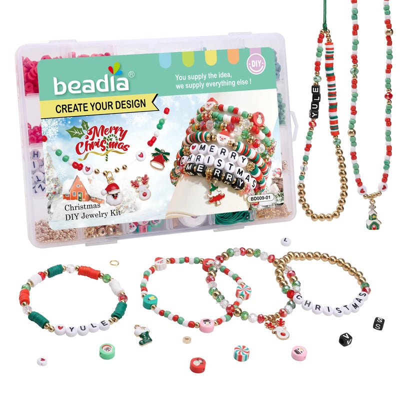 Christmas Ornaments Beads Set 3050Pcs/Box Acrylic Letter Beads Clay Beads Santa Claus Charms Kit for DIY Jewelry Making