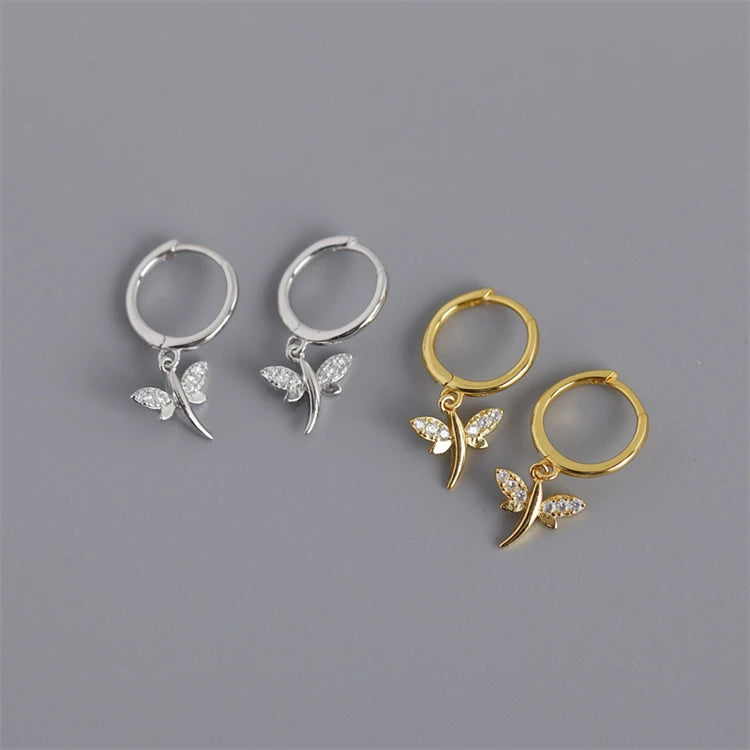 New Trendy 18k Gold 925 Sterling Silver Fashion Dragonfly Zircon Hoop Earrings for Women