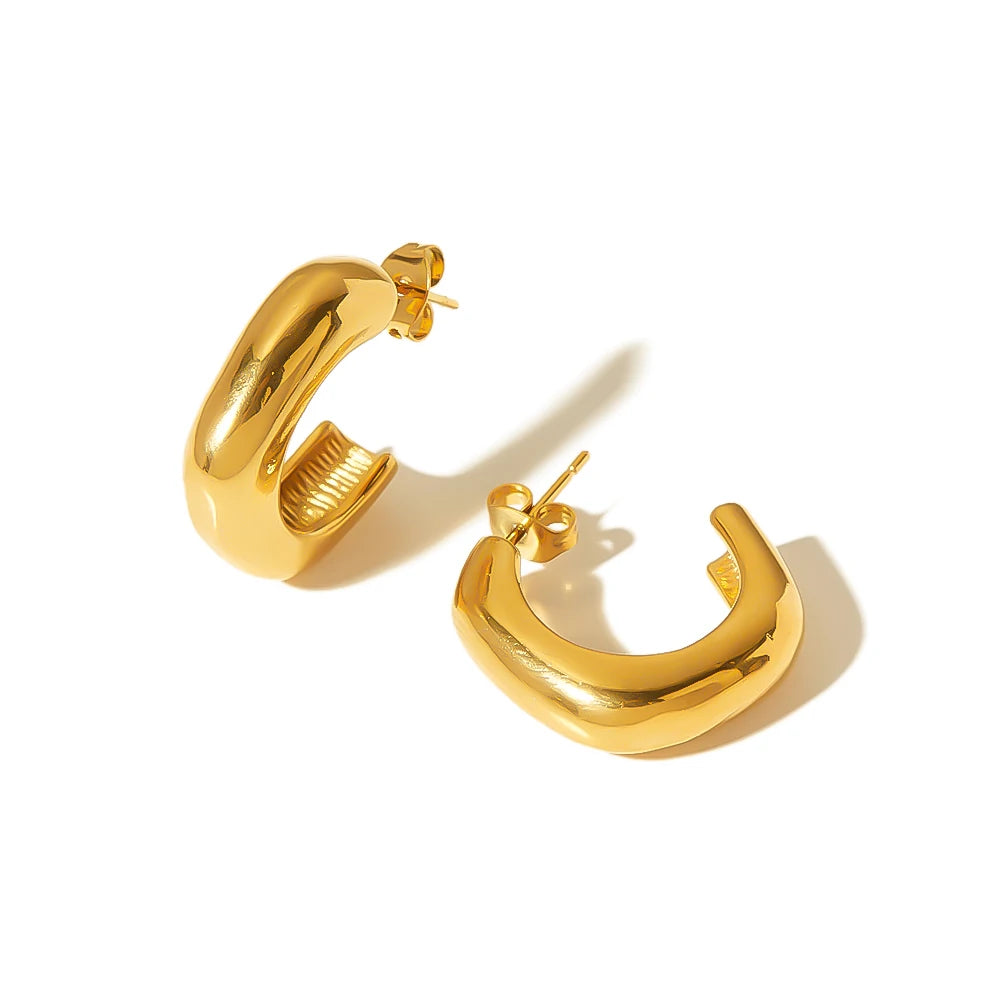 Ins Simple Real Gold Plated High Polished Titanium Steel 18K Thick CC Hoop Earrings for Women