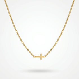 QIAOREN 10629 18K Gold Plated Sideways Mini Cross Necklace Stainless Steel Tarnish Free Waterproof Jewelry