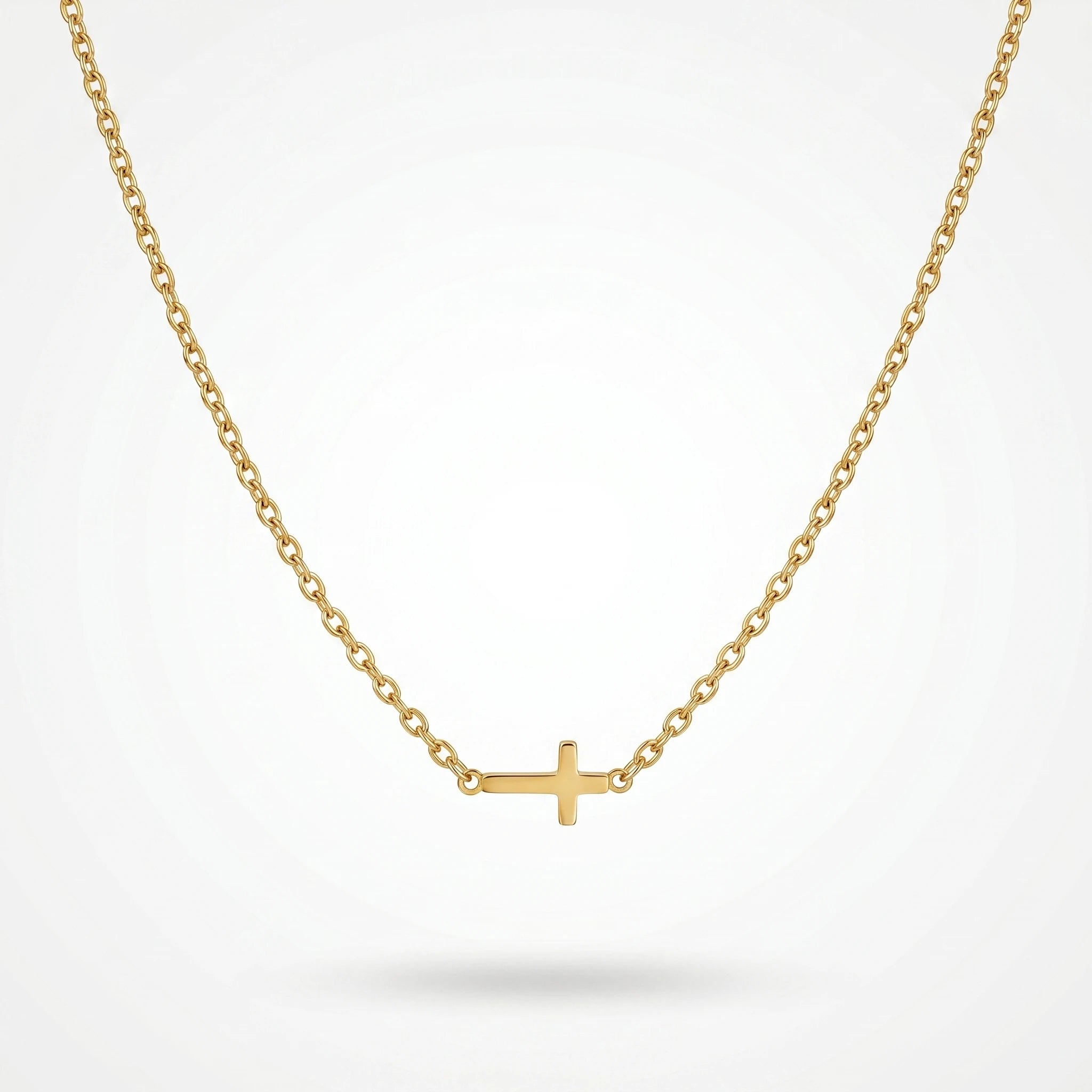 QIAOREN 10629 18K Gold Plated Sideways Mini Cross Necklace Stainless Steel Tarnish Free Waterproof Jewelry