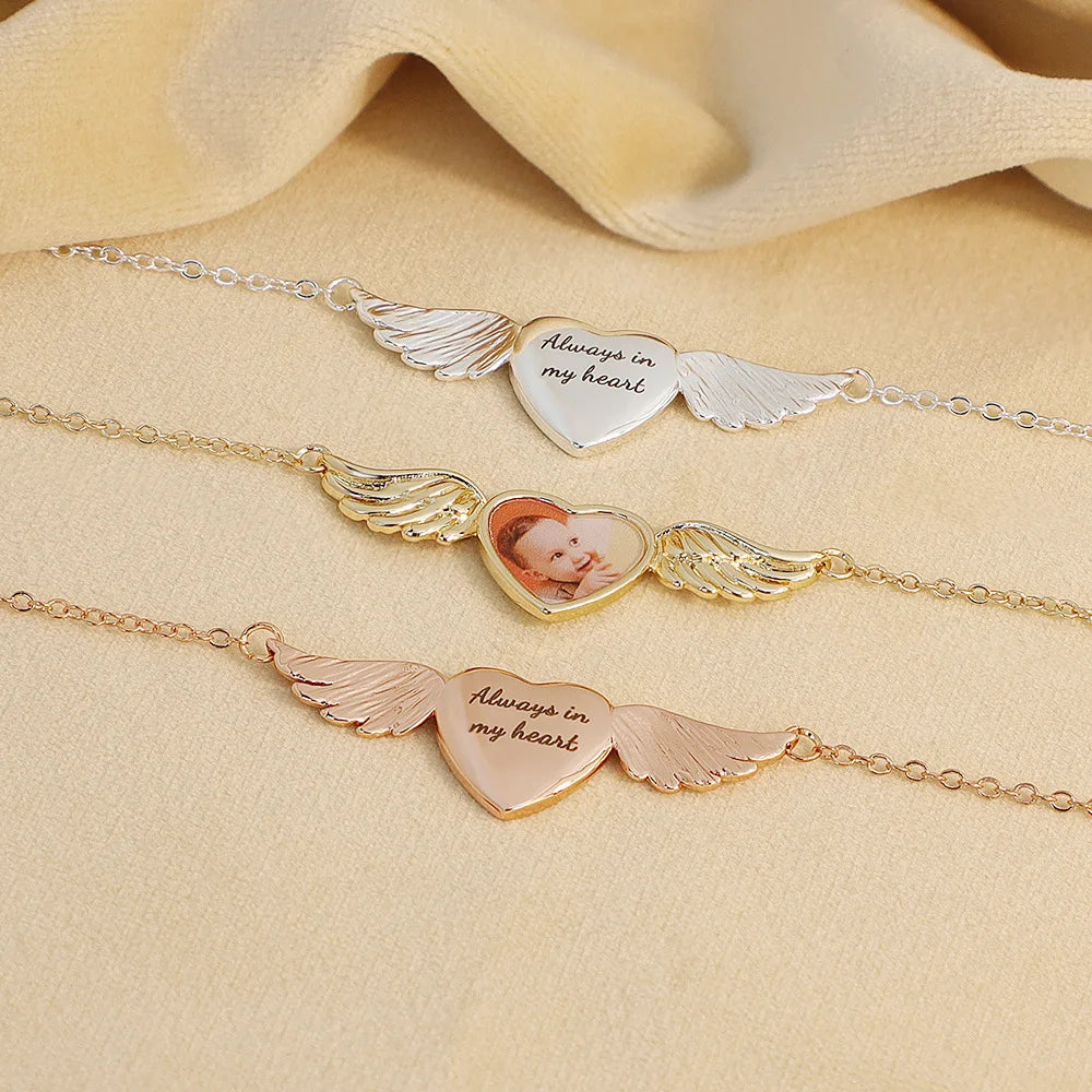 Trend Fashion 18K Gold Stainless Steel Color Printing Photo Pendant Jewelry Creative Angel Wing Necklace Wholesale