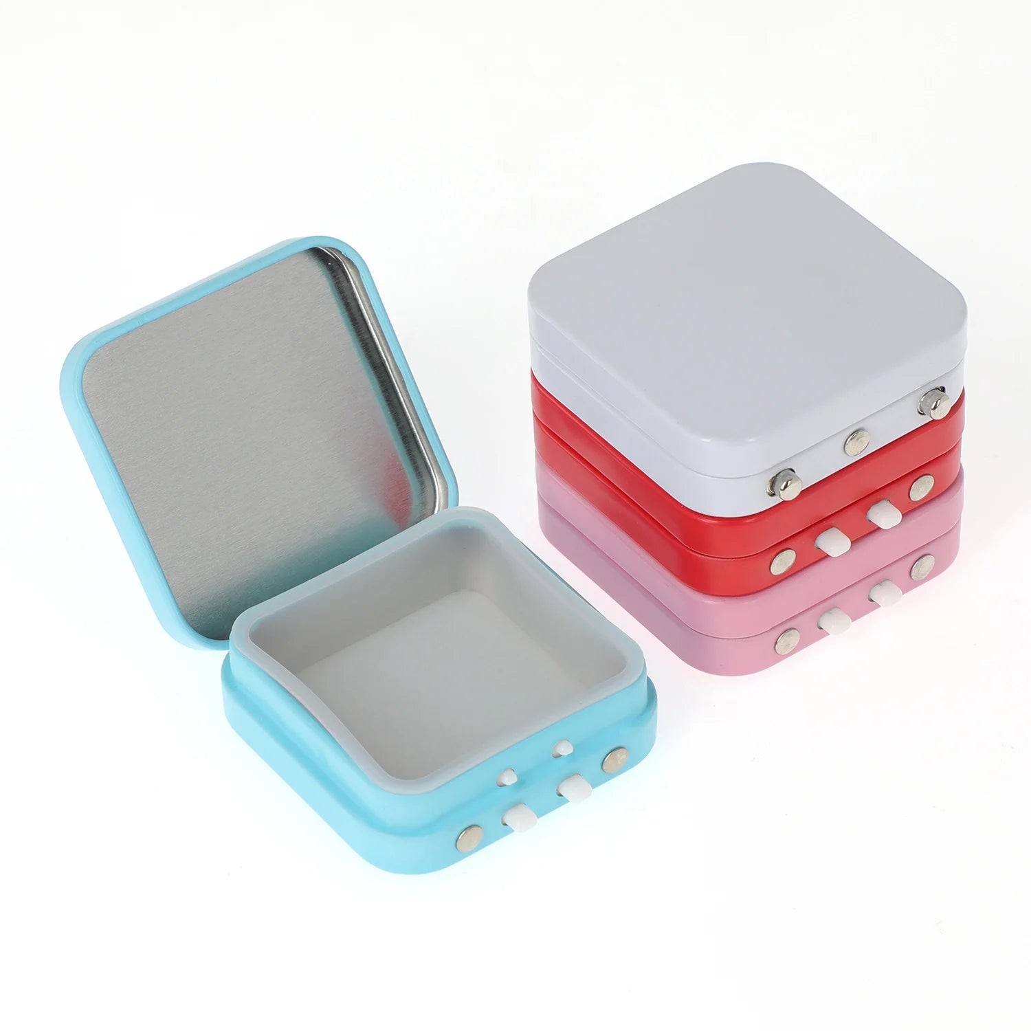 50*50*13.5mm square Sliding Child-resistant Matte Blue Tin Box (Food Grade ) with Recycled Silicon Tray