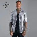 Fashion Luxury Custom Logo Plus Size Men Oxford Shorts Sleeves Button Dropped Resort Metallic Bronzed Shirt for Men