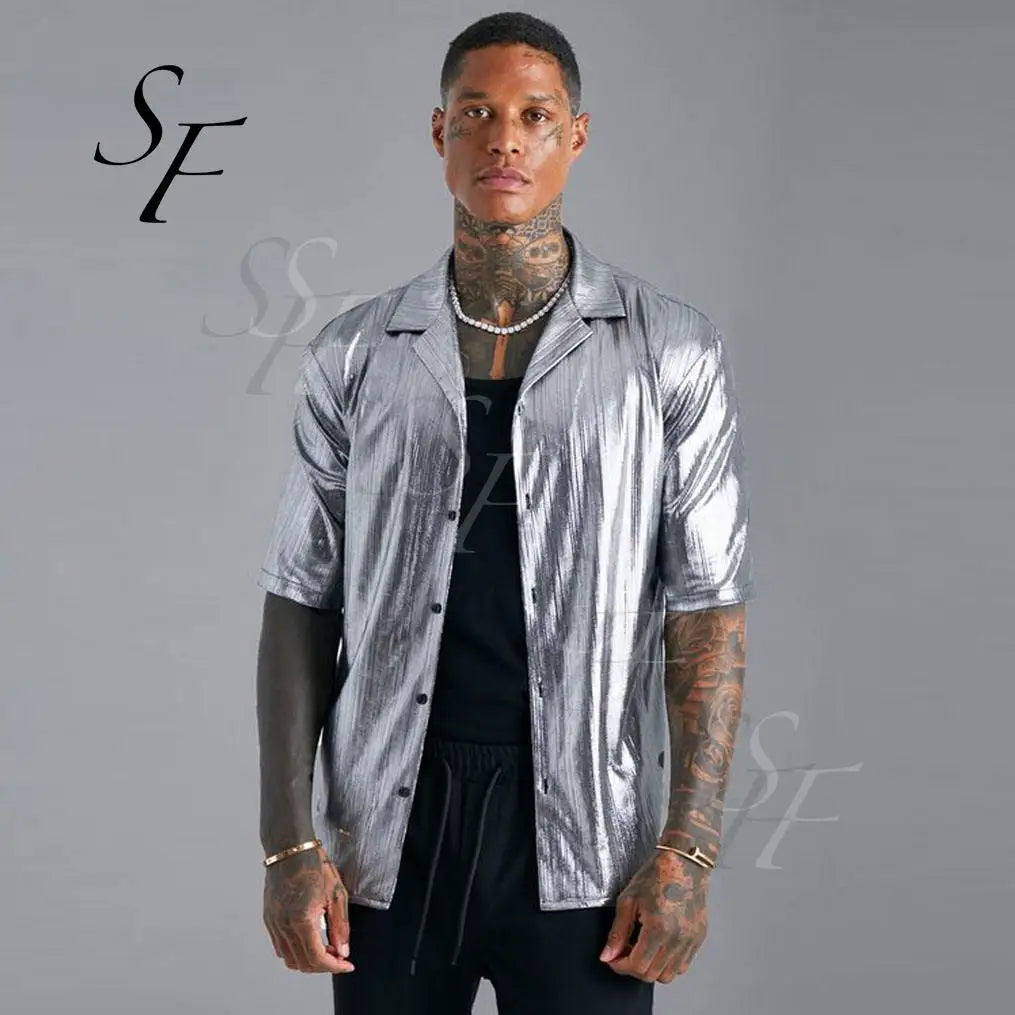 Fashion Luxury Custom Logo Plus Size Men Oxford Shorts Sleeves Button Dropped Resort Metallic Bronzed Shirt for Men