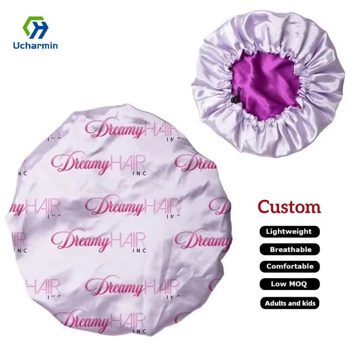 CHENGHE Custom Satin Shower Braid Bonnet Adjustable Sleeping Cap for Women Designed Waterproof Double Layer Silk Hair Wraps
