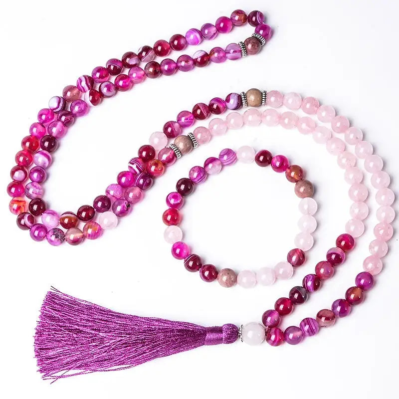 Rose Quartz Pink Striped Agate Beaded 6mm/8mm 108 Japamala Necklace Meditation Yoga Healing Jewelry Bracelet Tassel Sets MegaBDM