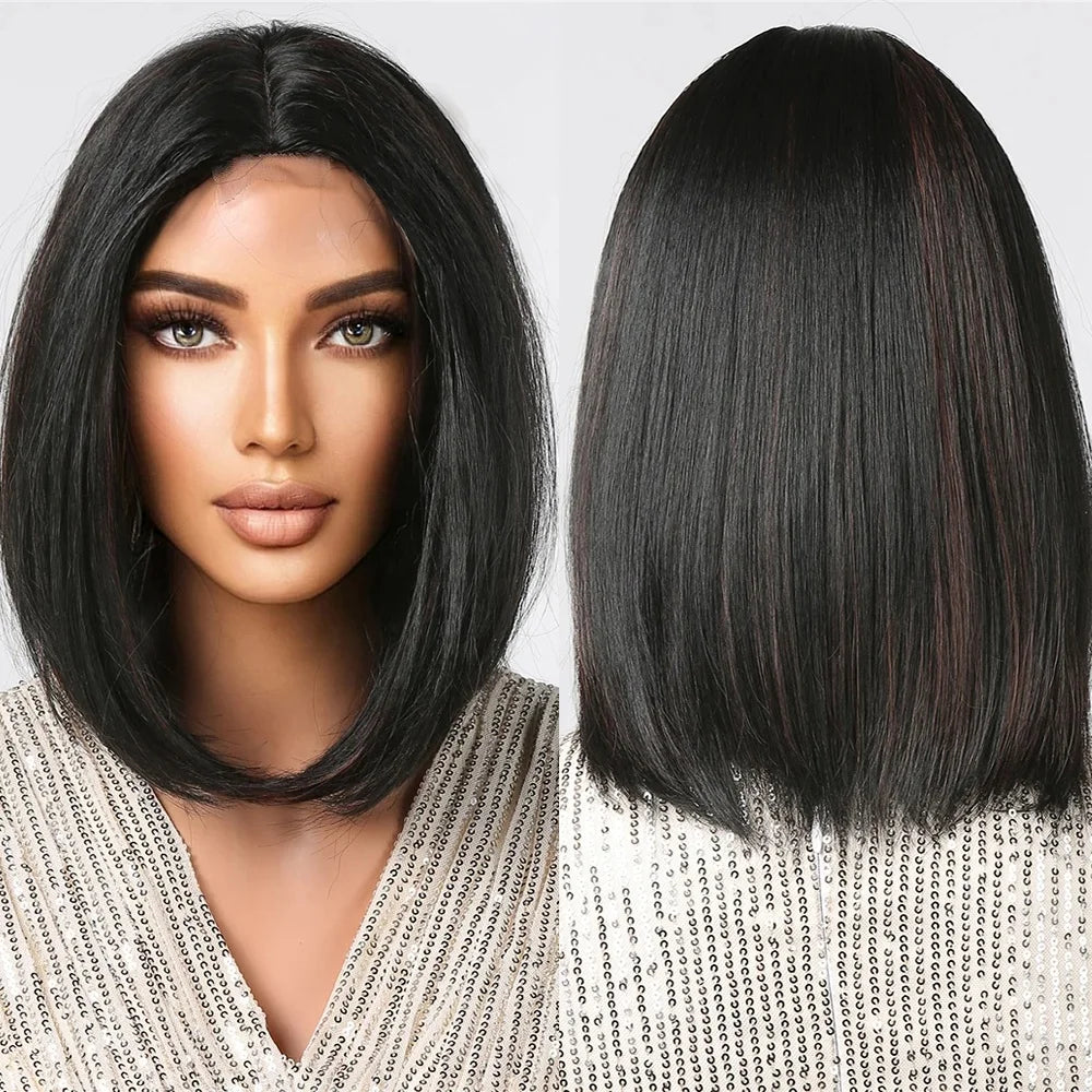 Front Lace Short Straight Black Synthetic Lace Wigs Highlight Red Brown Bob Hairline Lace Wigs for Afro Women Daily