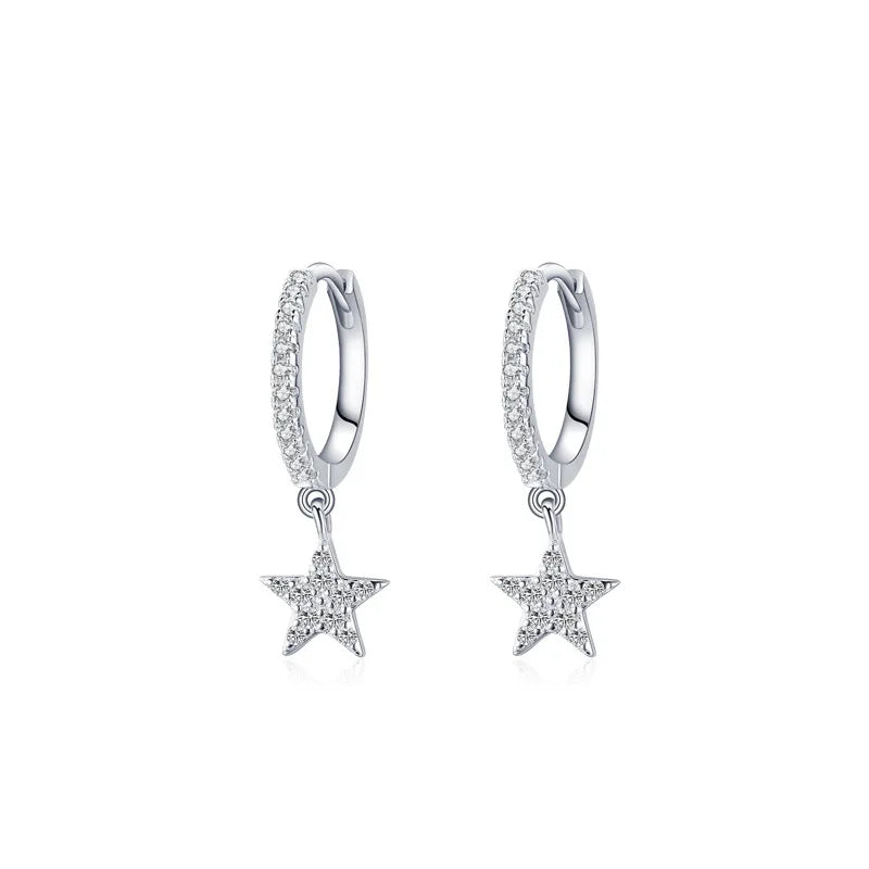 Hot Style 925 Sterling Silver Five-pointed Star Earrings Charm Dangle Drop Star Pendant Hoop Earrings
