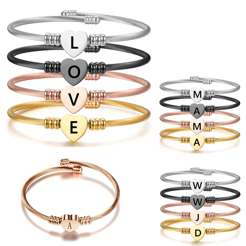 Custom Initial A-Z Letter Stainless Steel Jewelry Heart Charm Bracelet