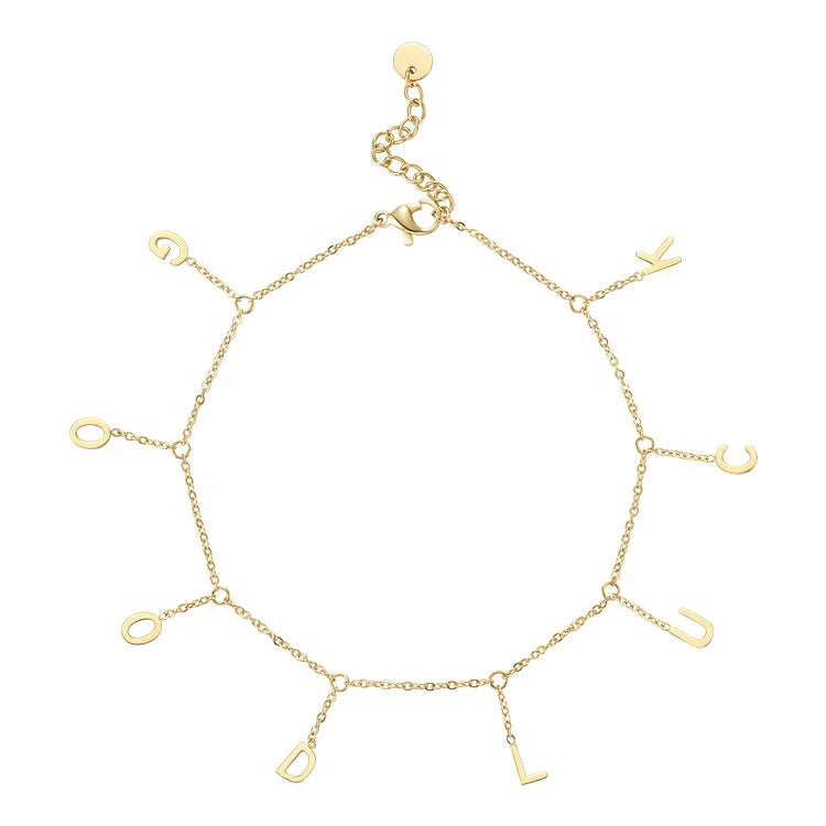 Waterproof PVD 14K Gold Plated Stainless Steel Jewelry  Charm Bracelet GOOD LUCK Letters Charm Anklet A215002
