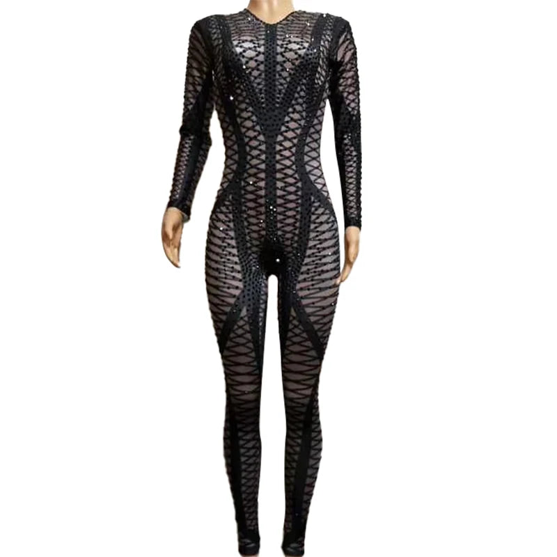 Fashion Black Plaid Rhinestone Bodycon One Piece Jumpsuit Women Pole Dance Leotard Stage Performance Wear Club Jumpsuit Playsuit