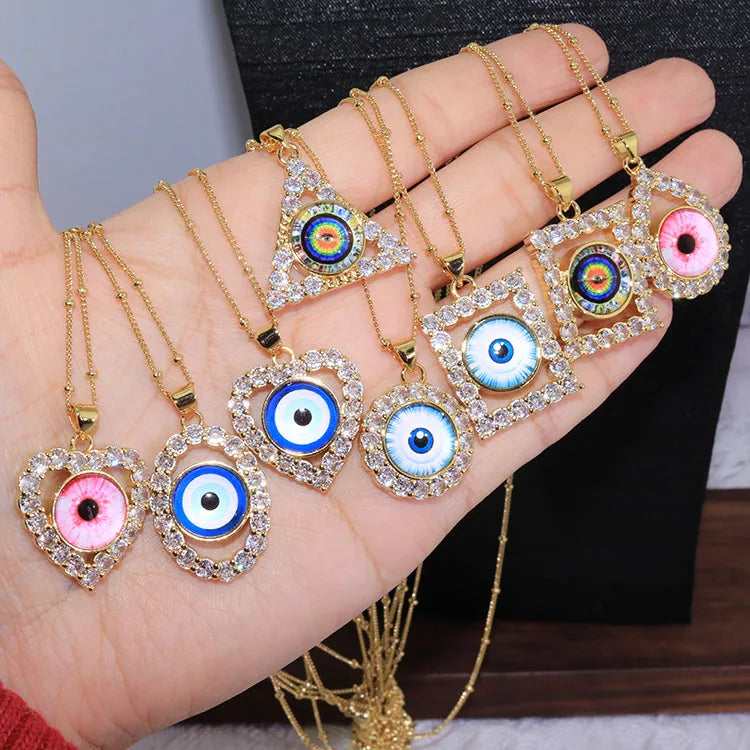NZ1420 18K Gold Plated CZ Pave Evil Eyes Necklaces | Heart Square Triangle Evil Eyes Protection Pendants for Women