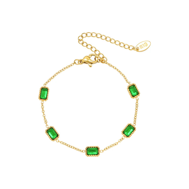 Hot Selling Stainless Steel Bracelet for Girls Square Emerald Zircon with Gold Plating Trendy Designs