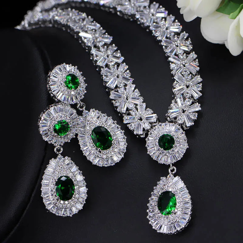 Popular American Style Full Cubic Zircon Inlay Water Drop Shape Pendant Wedding Bridal Jewelry Set for Women Honorable Jewelry
