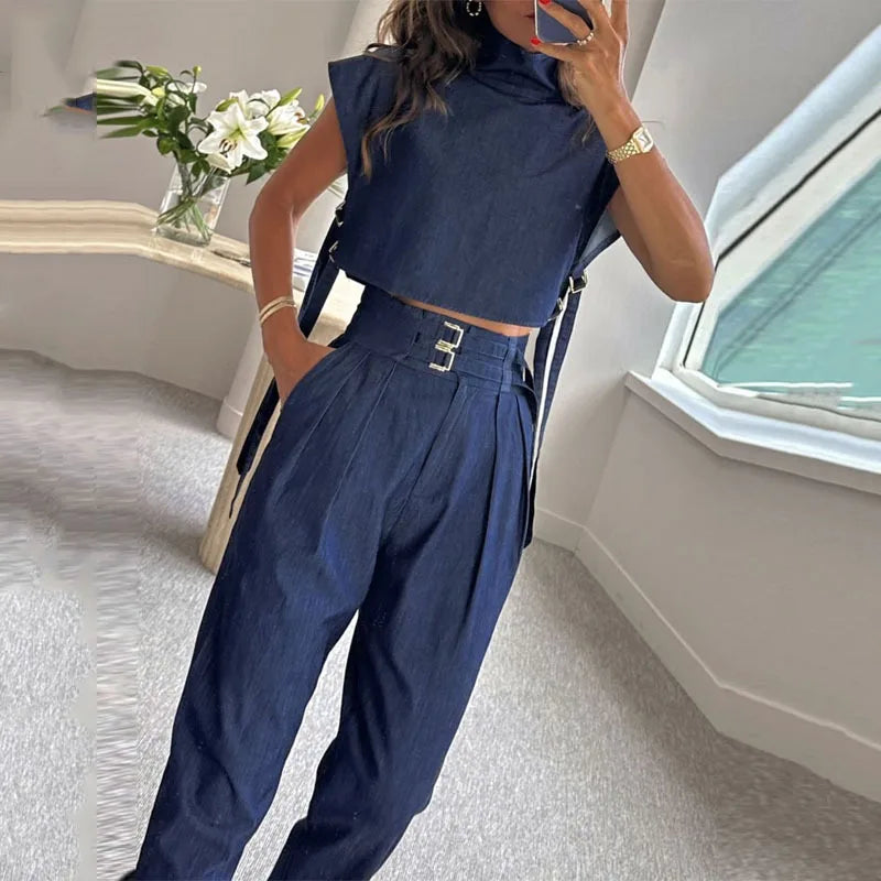 Wholesale 2026 Summer New Casual Belt Decoration High Collar Short Sleeve Long Women's Set