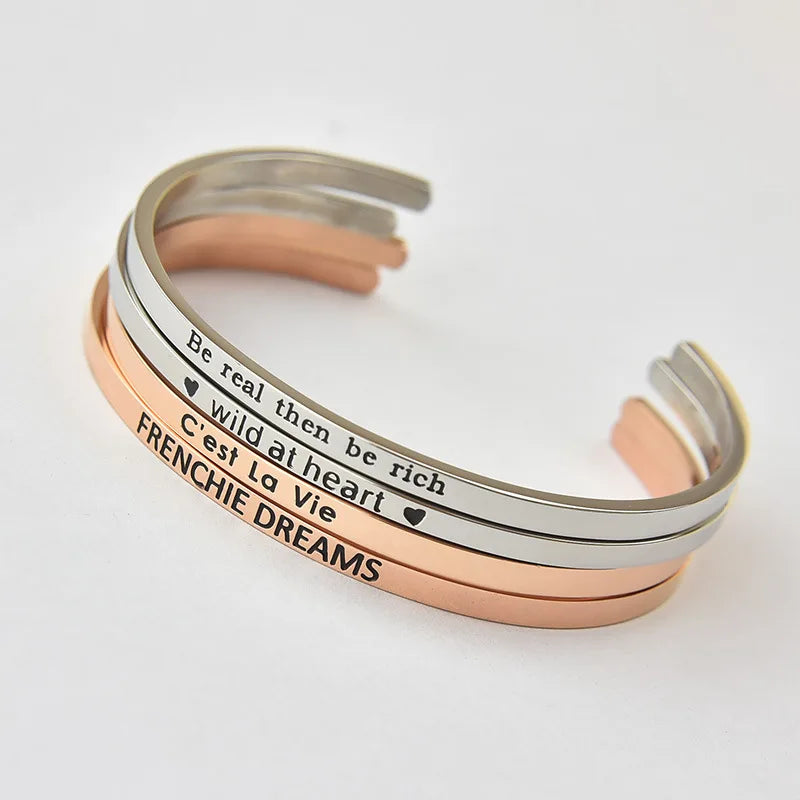 Rose Gold Plated Pvd Plating Laser Enrgaved Stainless Steel Cuff Bracelet Bangle Inspiration Custom Name Mantra Bangle