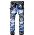 European and American Straight Pleated Zipper Motorcycle Denim Pant Snowflake Hole Blue Jeans for Men