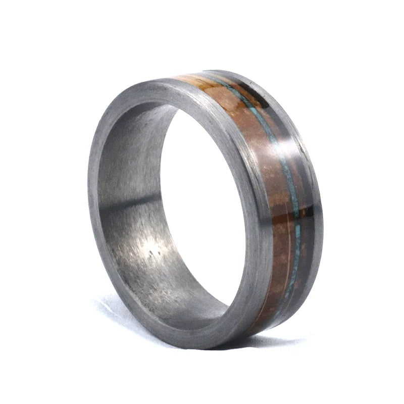 Poya 8mm Matte Finish Tungsten Ring With Whiskey Barrel Wood Crushed Turquoise