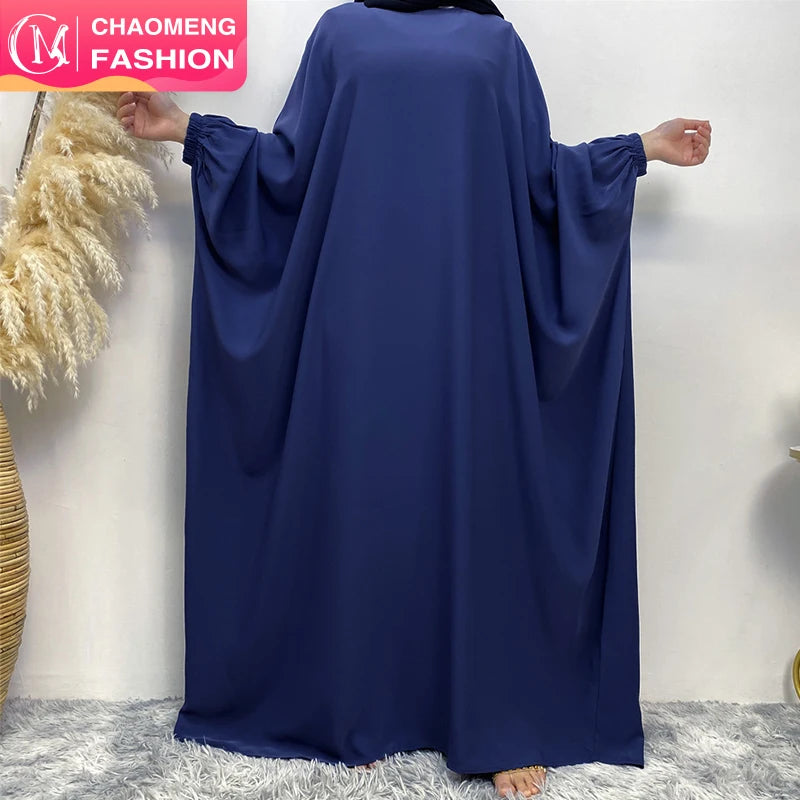 6689# Premium Crew Neck Navy batwing Closed Abaya Maxi Dresses With Elasticated Cuff Back Zipper for Muslim Women 2023 Eid