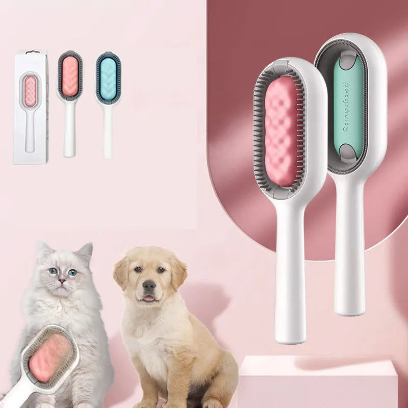 Double-Sided Reusable Pet Grooming Comb Long Handle Plastic Hair Remover Brush Wet Tissue Soft Feature for Cat Dog Hair Removal