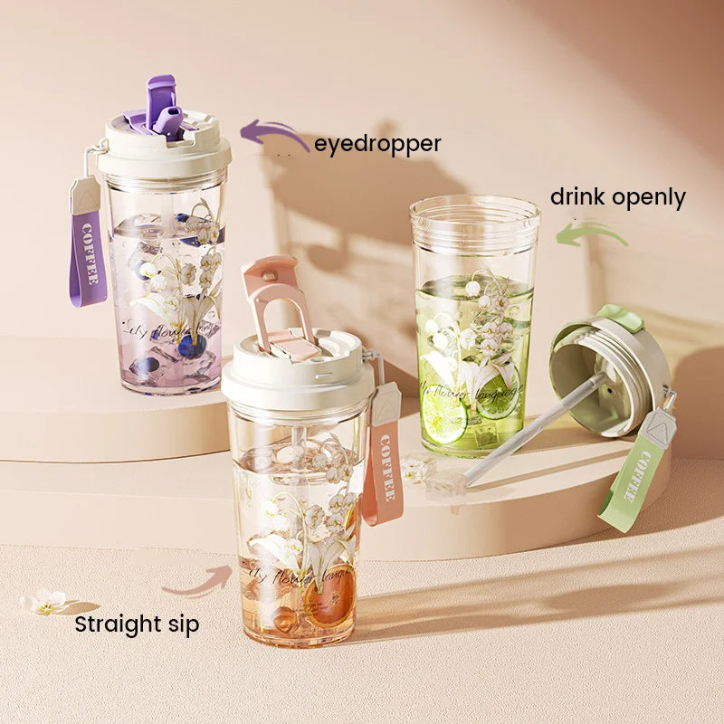 Wholesale Custom Flower Print Plastic Cups Clear Plastic Tumblers Coffee Plastic Mug Cup With Handle
