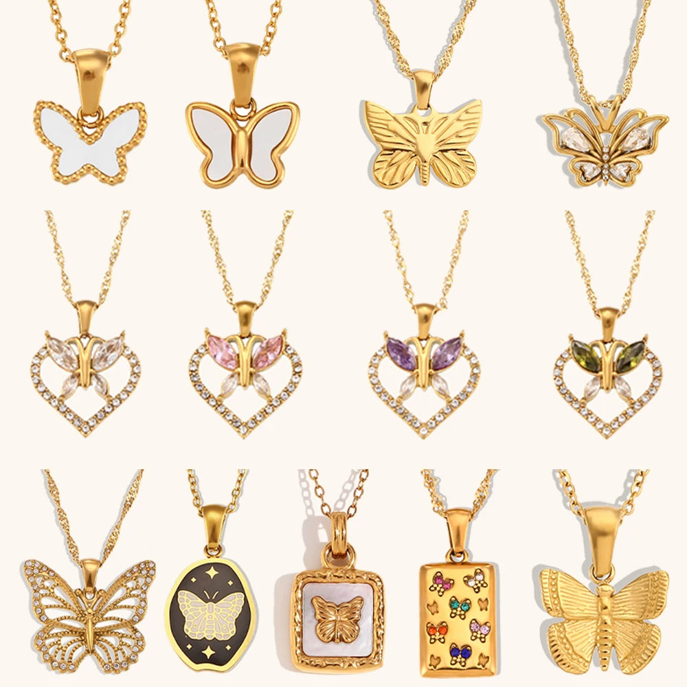 Dingran Wholesale 316L Stainless Steel Zircon Butterfly Necklace Set 18K Gold Plated Wedding Jewelry for Women