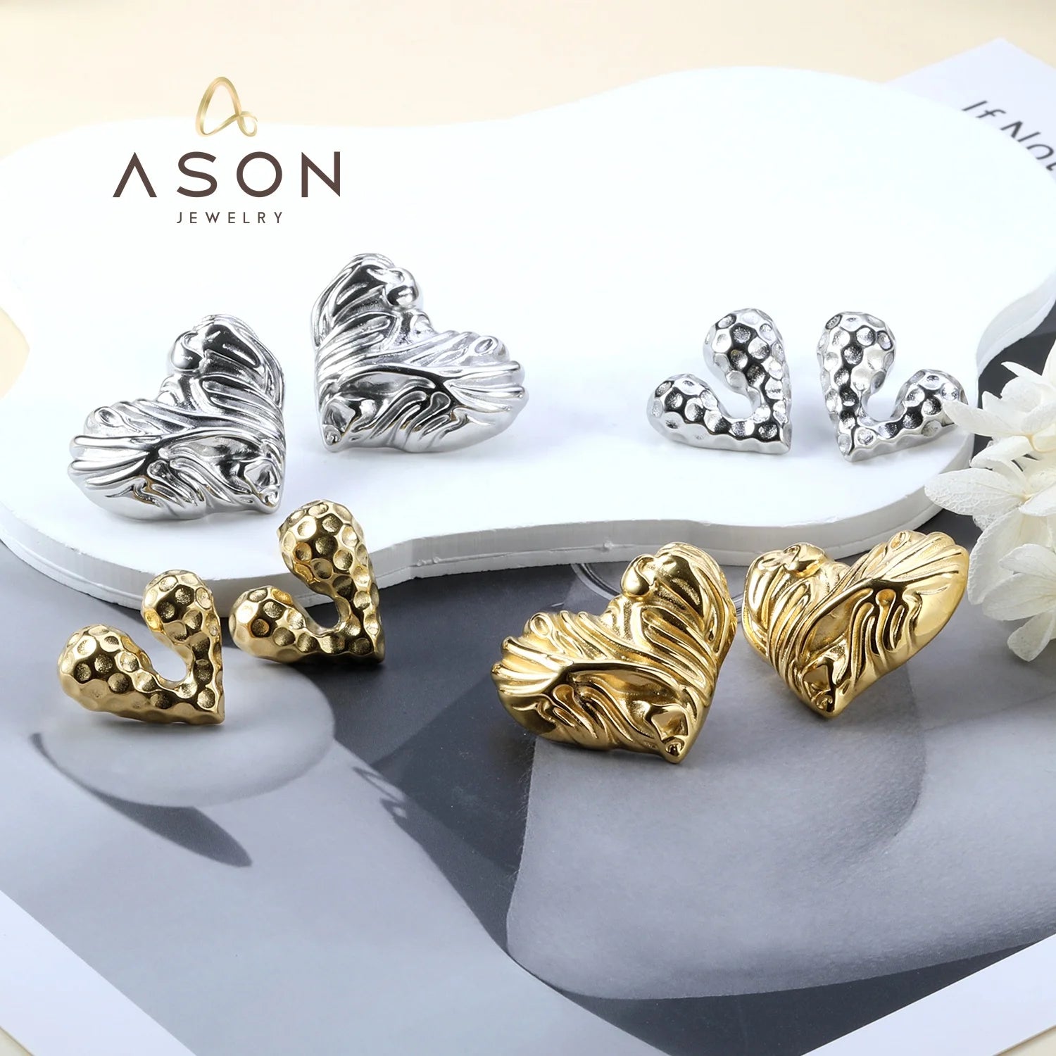 Ason Wholesale Jewelry Fashion Jewelry Stud Earrings Women Stainless Steel 18K Gold Plated Unique Texture Chunky Heart Earrings
