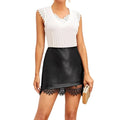 Vintage Leather Lace Trim Pencil Skirt Irregular Mini Punk Gothic Black Skirt for Women
