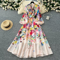 LW0991 Bow Tie With Lantern Sleeves Tucked Waist Large Print Dress Women'S Elegant Long Dresses Women Lady Elegant Modest
