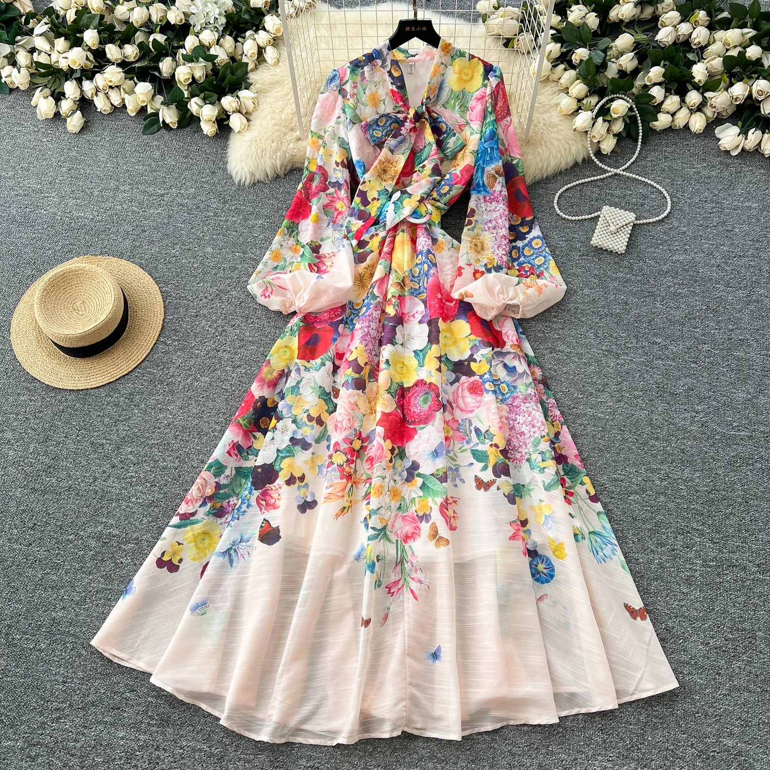 LW0991 Bow Tie With Lantern Sleeves Tucked Waist Large Print Dress Women'S Elegant Long Dresses Women Lady Elegant Modest